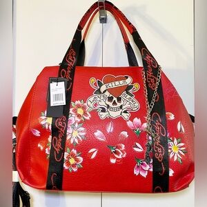Ed Hardy Red Floral Tote Bag (16”X16”) NWT R$127